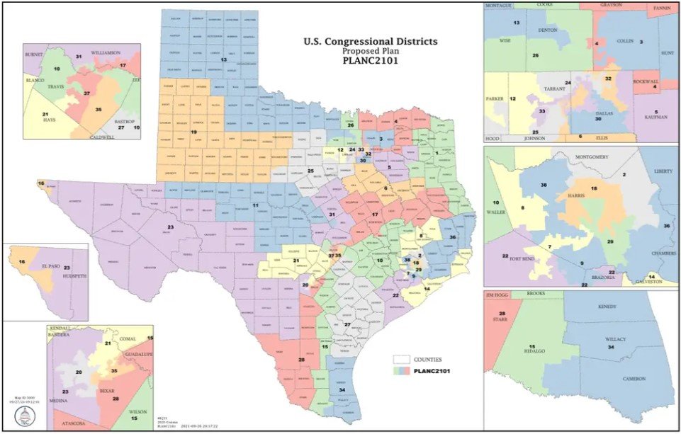 The first draft of the redistricted map adds two new congressional districts. The districts are near Austin and Houston as shown above.